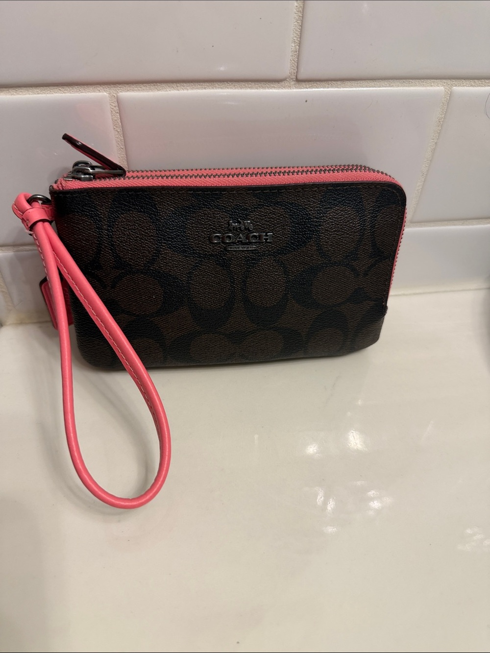 Coach Brown Signature Double Zip Wristlet with Pink Strap